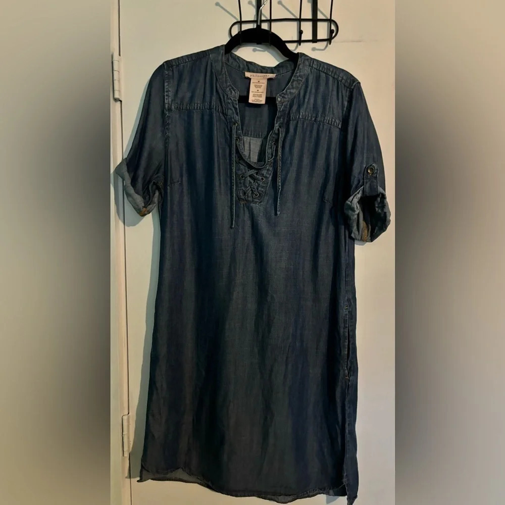 Philosophy Womens Tencel Chambray Dress/Tunic Lace Up Short Sleeve Pockets Med
